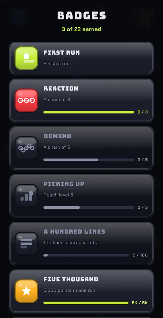 The badges screen: three of twenty-two earned, each with its progress.
