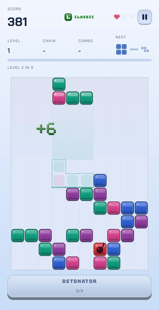 A game in the day look: the board filling up, two bombs waiting.
