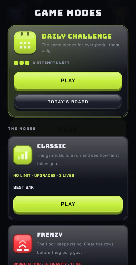 The game modes screen: the daily challenge with its three attempts at the top, then Classic and Frenzy.