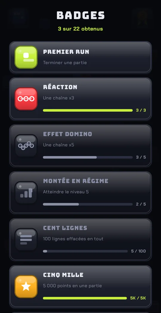 L'écran des badges : trois sur vingt-deux obtenus, chacun avec sa progression.