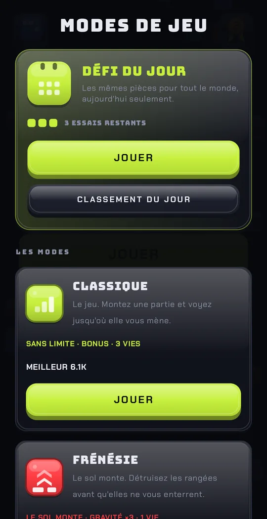 L'écran des modes de jeu : le défi du jour avec ses trois essais en haut, puis Classique et Frénésie.